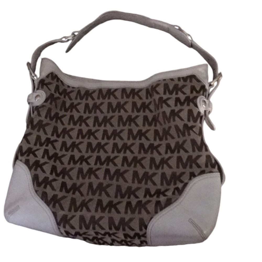 Micheal Kors white leather &  brown monogram canvas shoulder bag ,gold hardware - Picture 11 of 15